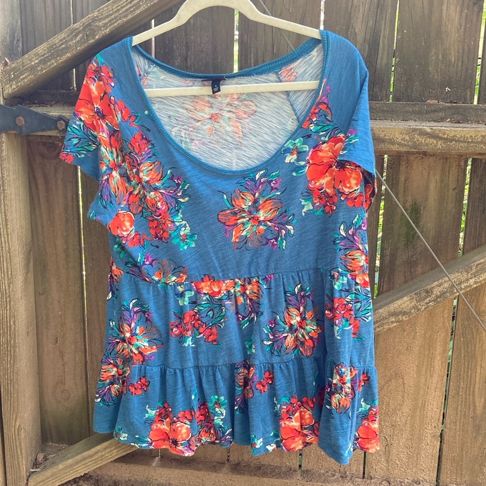 Torrid cotton blend blue and orange floral shirt